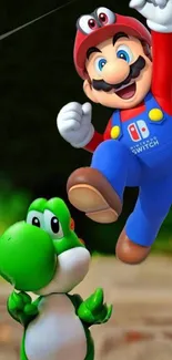 Mario jumps high beside Yoshi in vibrant wallpaper.