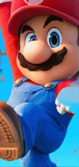 Mario jumping in vibrant blue sky background wallpaper.