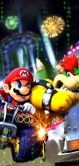 Mario racing Bowser with fireworks and digital effects background.