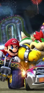 Mario racing Bowser with fireworks in a vibrant setting.