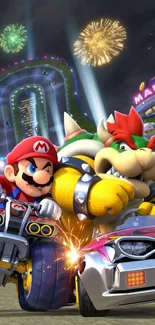 Mario Kart race scene with fireworks.