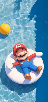 Mario floating in a pool with a yellow ball nearby.
