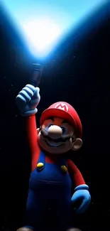 Mario holding a glowing light in darkness.