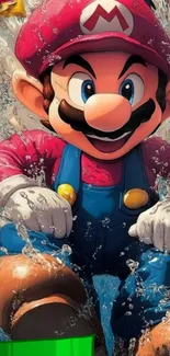 Mario splashing through water in colorful adventure scene.