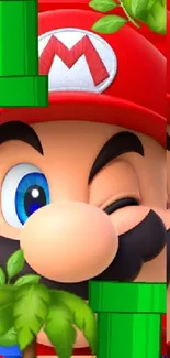 Mario winking with vibrant colors on phone wallpaper.