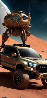 Futuristic truck with steampunk orb on Martian terrain.