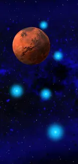 Red Mars glowing against a vibrant blue space background.