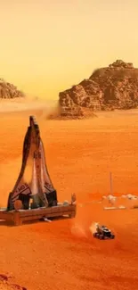 Futuristic rocket and rover on Mars landscape with mountains.