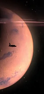 A spacecraft orbits Mars against a starry background.