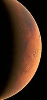 Mars surface viewed from space, showcasing red-brown terrain and a shadowed crescent.