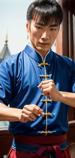 Martial artist in blue attire with serene backdrop.