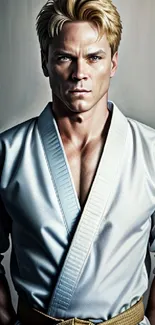 Martial artist in white gi with beige belt.