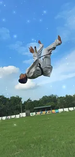 Martial artist mid-air flying kick against vibrant blue sky on green field.