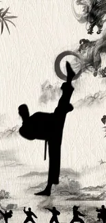 Martial arts silhouette with dragon smoke on beige wallpaper.