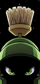 Martian character with green helmet and stars in the background.