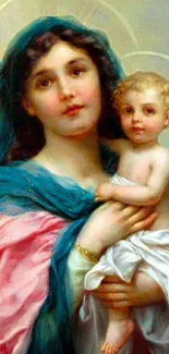 Classic painting of Mary with Child in a divine setting.