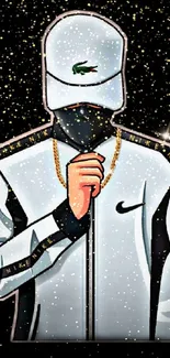 Masked character in a white jacket on black background wallpaper.