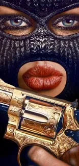 Masked woman with gold revolver mobile wallpaper.