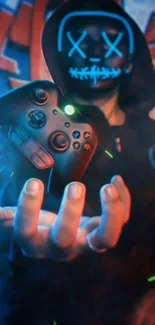 Masked gamer holding a controller in neon graffiti background.