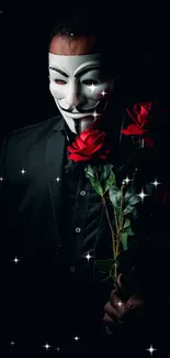 Masked figure with red roses on a dark background.