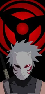 Ninja character with a mask and a red circular background design.