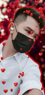 Masked portrait with floating red hearts background.