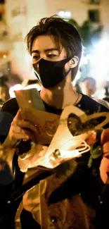 Masked figure in crowd with soft night lighting and urban backdrop.