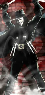 Masked vigilante with daggers on a red brick wall background wallpaper.