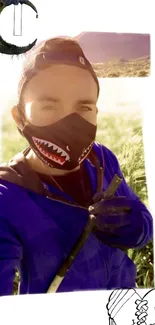 Masked individual in a sunlit field scene.