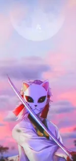 Anime masked warrior with pink sky.