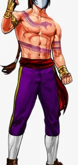 Masked warrior illustration with vibrant purple pants.