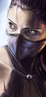 Mystical digital art of a masked woman with intense gaze.