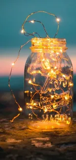 Mason jar with glowing fairy lights against a twilight background.