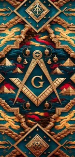 Detailed Masonic geometric design wallpaper with dominant teal blue shades.