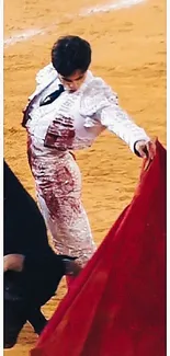 Captivating matador with vibrant red cape in bullring.