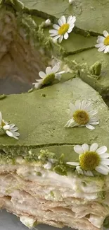 Slice of matcha cake with white daisies.