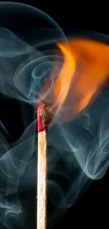 Burning matchstick with swirling smoke on black background wallpaper.