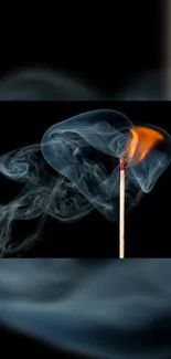 Matchstick burning with swirling smoke on a dark background.