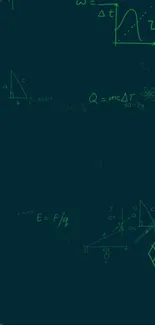 Dark math wallpaper with equations and formulas on a green background.