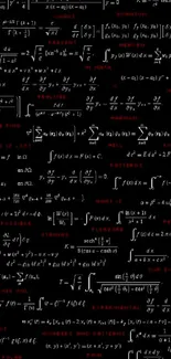 Black wallpaper with mathematical equations and symbols in white and red.