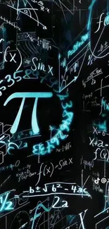 Mathematical equations with Pi symbol on a dynamic black background.