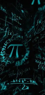 Glowing mathematical equations and symbols on a dark background wallpaper.