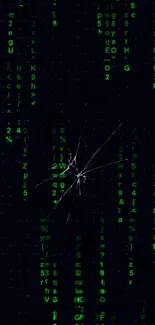 Matrix code wallpaper with cracked screen effect in green hues.