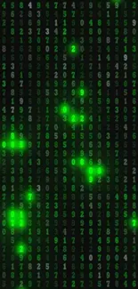 Green Matrix code digital wallpaper with glowing numbers.