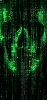Green matrix code forms a digital skull.