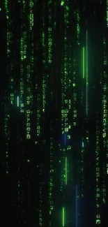 Matrix-inspired wallpaper with green code on a dark background.