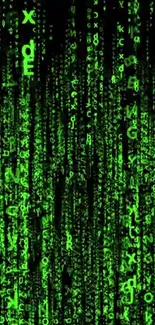 Matrix-inspired green digital code wallpaper with black background.