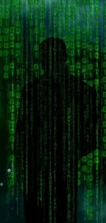 Green Matrix code with silhouetted figure on a digital wallpaper background.