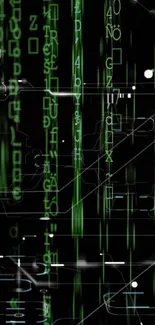 Matrix-inspired green code falling down in digital wallpaper for mobile.