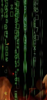 Green digital code wallpaper with Matrix-like symbols, perfect for tech lovers.